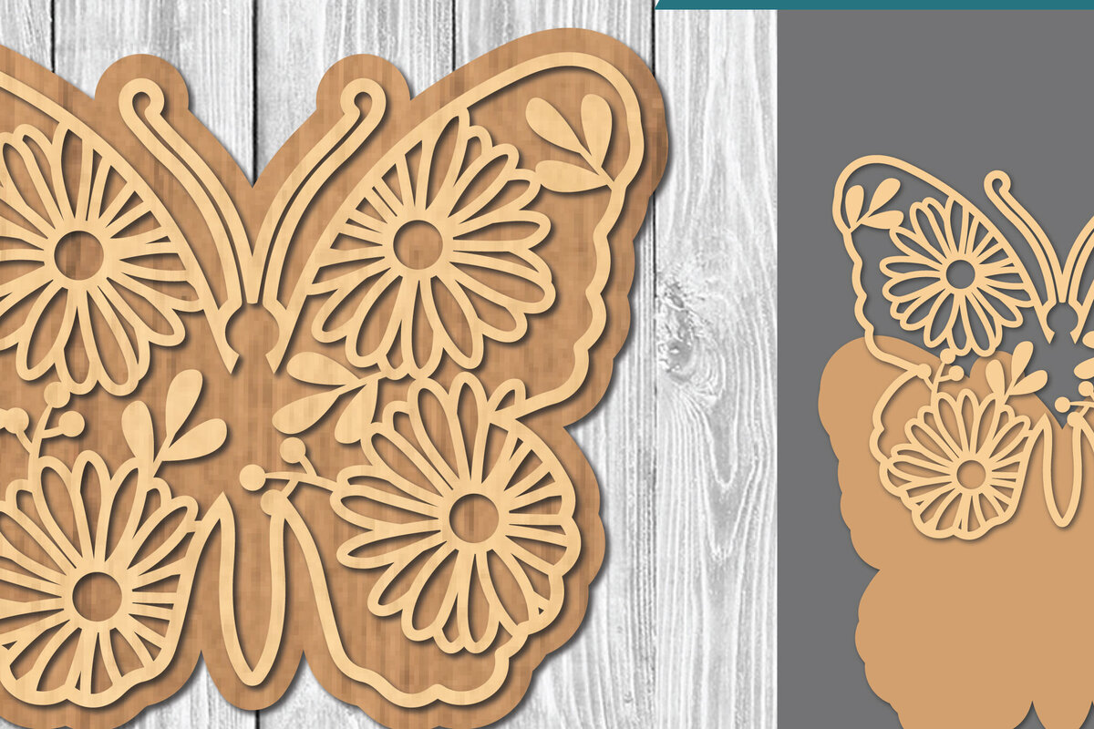 Σετ των 2 Intra απο ξύλο plywood 3mm-4mm πάχος - Floral Butterfly Cut Laser  1 Δίασταση 20x20 cm INTRAFABR-106686608