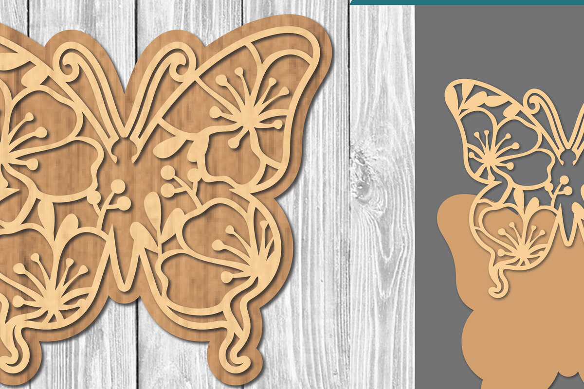 Σετ των 2 Intra απο ξύλο plywood 3mm-4mm πάχος - Floral Butterfly Cut Laser  2 Δίασταση 20x20 cm INTRAFABR-106686724