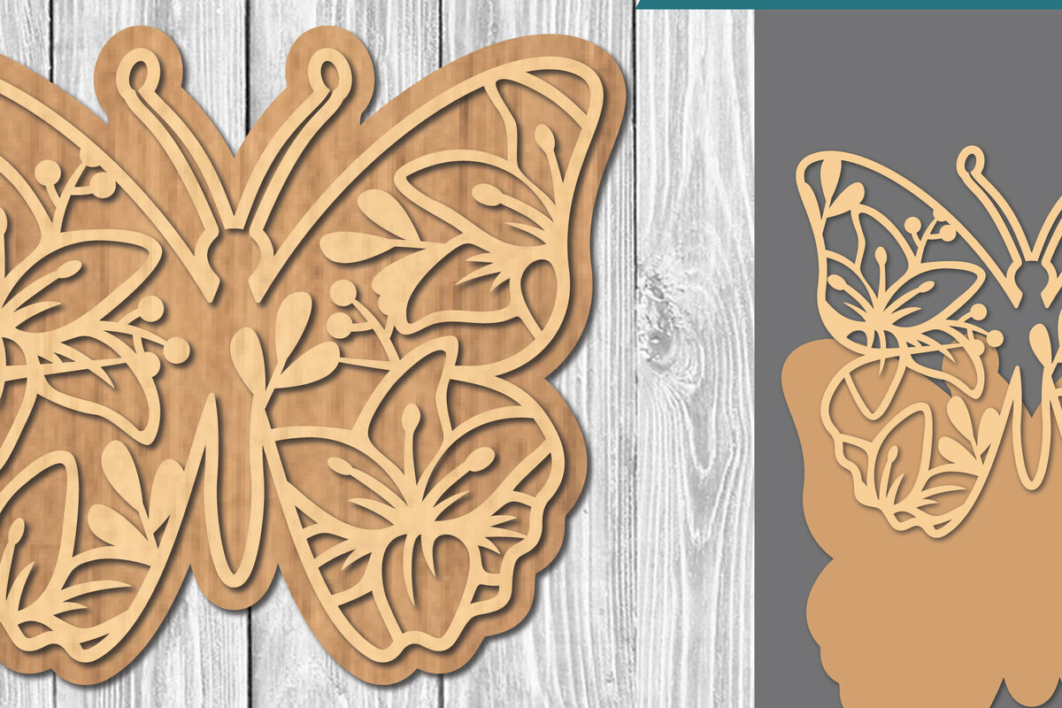 Σετ των 2 Intra απο ξύλο plywood 3mm-4mm πάχος - Floral Butterfly Cut Laser  3 Δίασταση 20x20 cm INTRAFABR-106686875