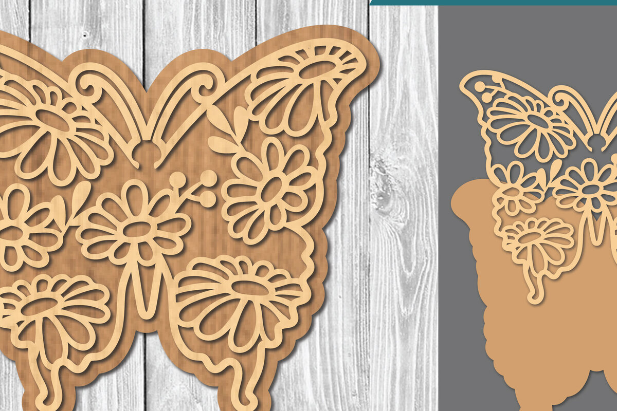 Σετ των 2 Intra απο ξύλο plywood 3mm-4mm πάχος - Floral Butterfly Cut Laser  4 Δίασταση 20x20 cm INTRAFABR-106686942