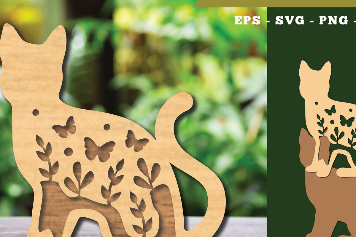 Σετ των 2 Intra απο ξύλο plywood 3mm-4mm πάχος - Floral Cat Laser Cut Decoration  2 Δίασταση 20x20 cm INTRAFABR-111784009