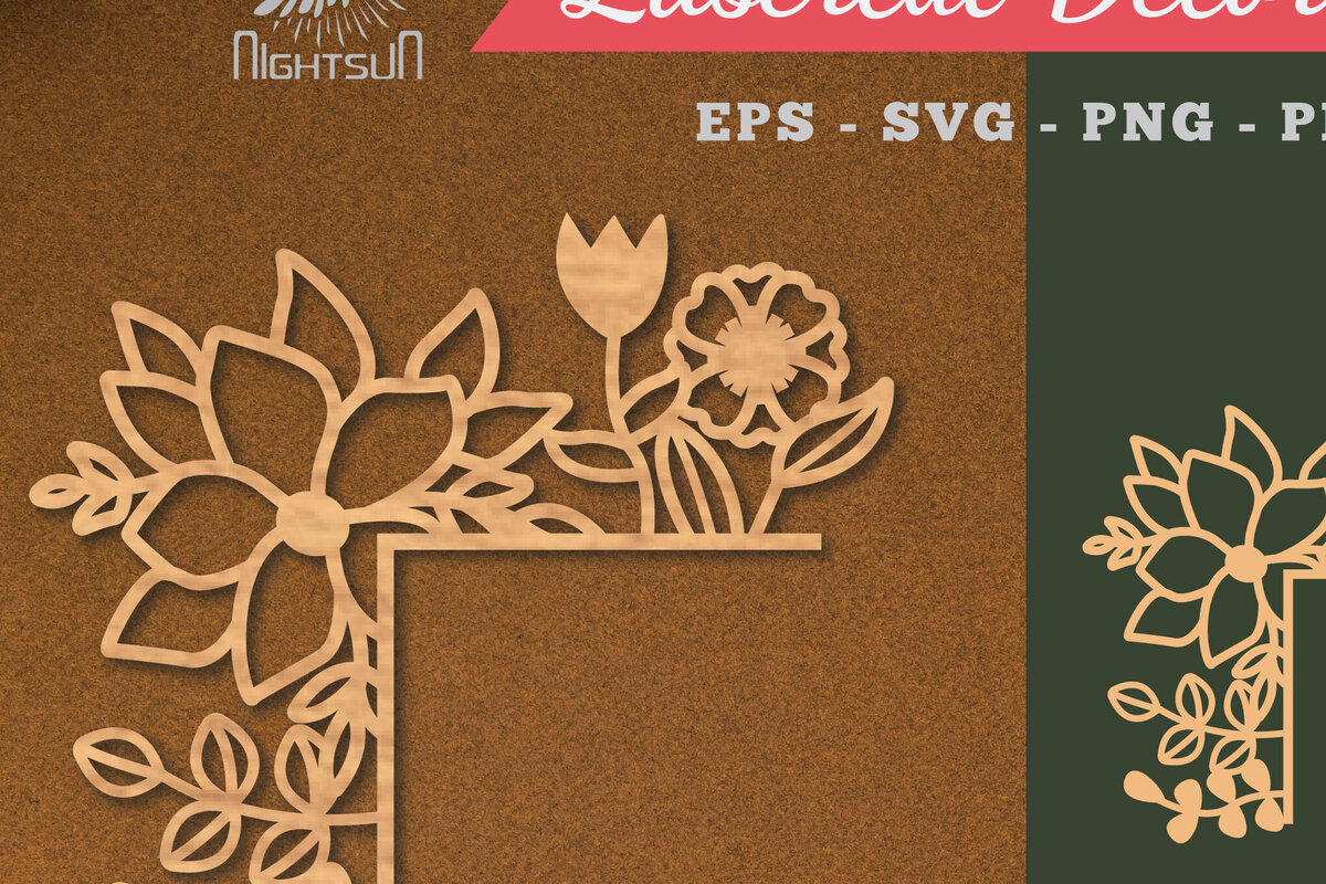 Σετ των 2 Intra απο ξύλο plywood 3mm-4mm πάχος - Floral γωνιακή διακόσμηση κοπής με λέιζερ 1 Δίασταση 20x20 cm INTRAFABR-113107163