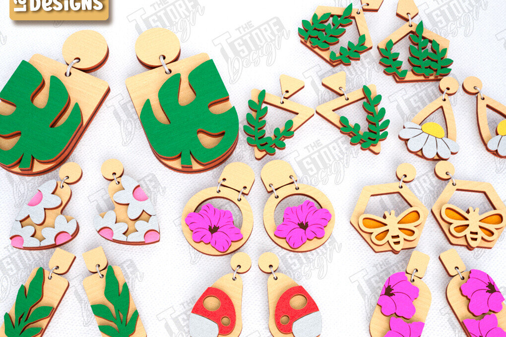 Σετ των 3 Intra απο ξύλο plywood 3mm-4mm πάχος - Σκουλαρίκια με λουλούδια Laser Cut Bundle | CNC Δίασταση 3x3 cm INTRAFABR-120962824