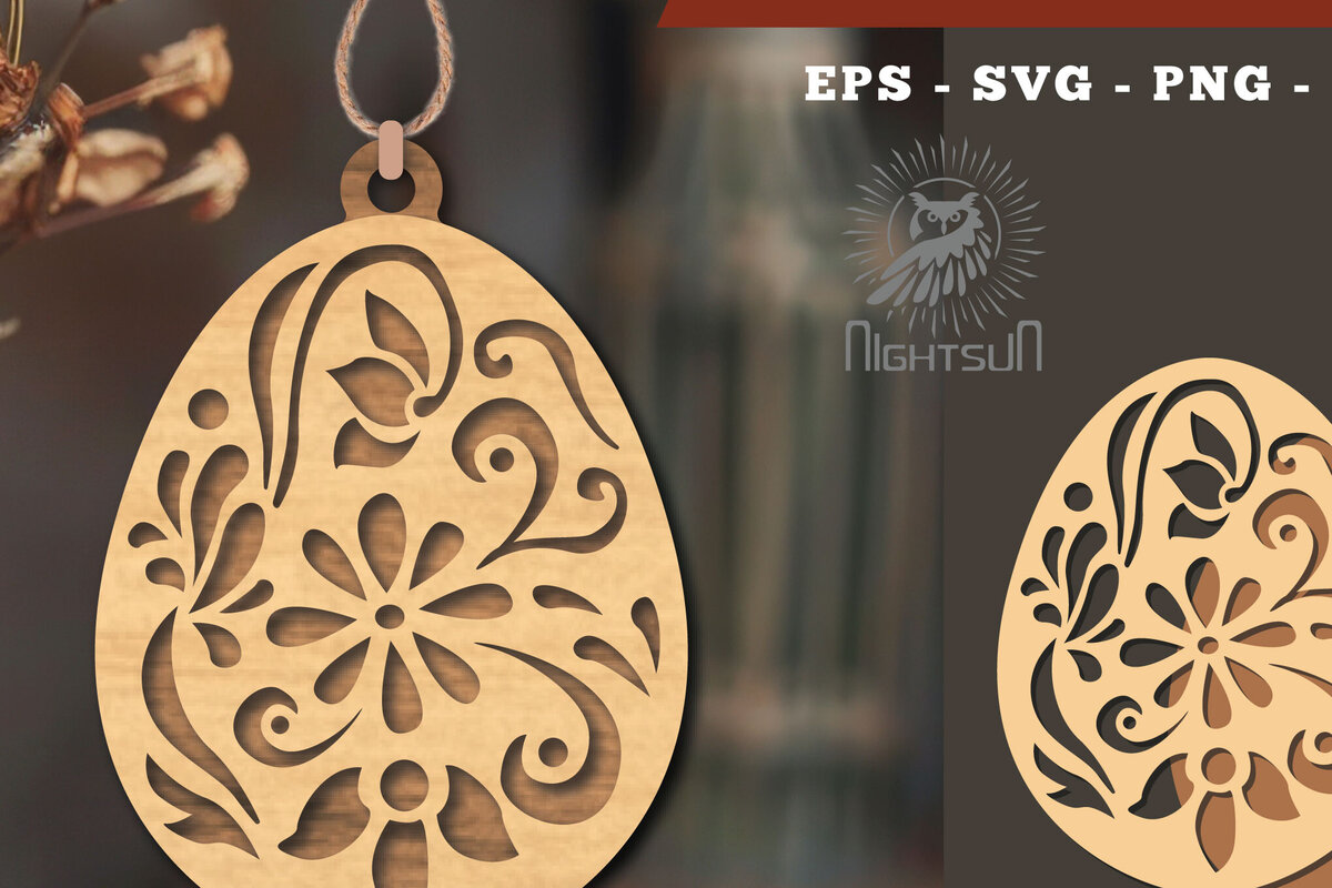 Σετ των 3 Intra απο ξύλο plywood 3mm-4mm πάχος - Στολίδι με λουλουδάτο αυγό κοπής με λέιζερ 3 Δίασταση 6x6 cm INTRAFABR-114790309