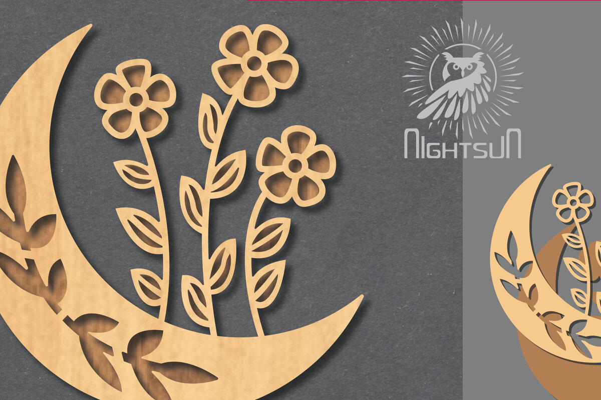 Σετ των 2 Intra απο ξύλο plywood 3mm-4mm πάχος - Floral Moon Cut Laser Διακόσμηση 1 Δίασταση 20x20 cm INTRAFABR-121963971