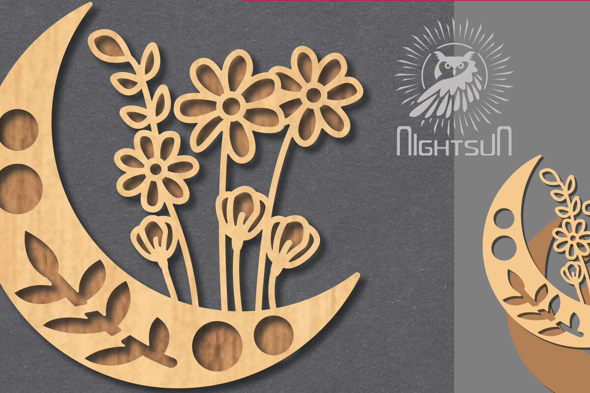 Σετ των 2 Intra απο ξύλο plywood 3mm-4mm πάχος - Floral Moon Cut Laser Decoration 2 Δίασταση 20x20 cm INTRAFABR-121964006