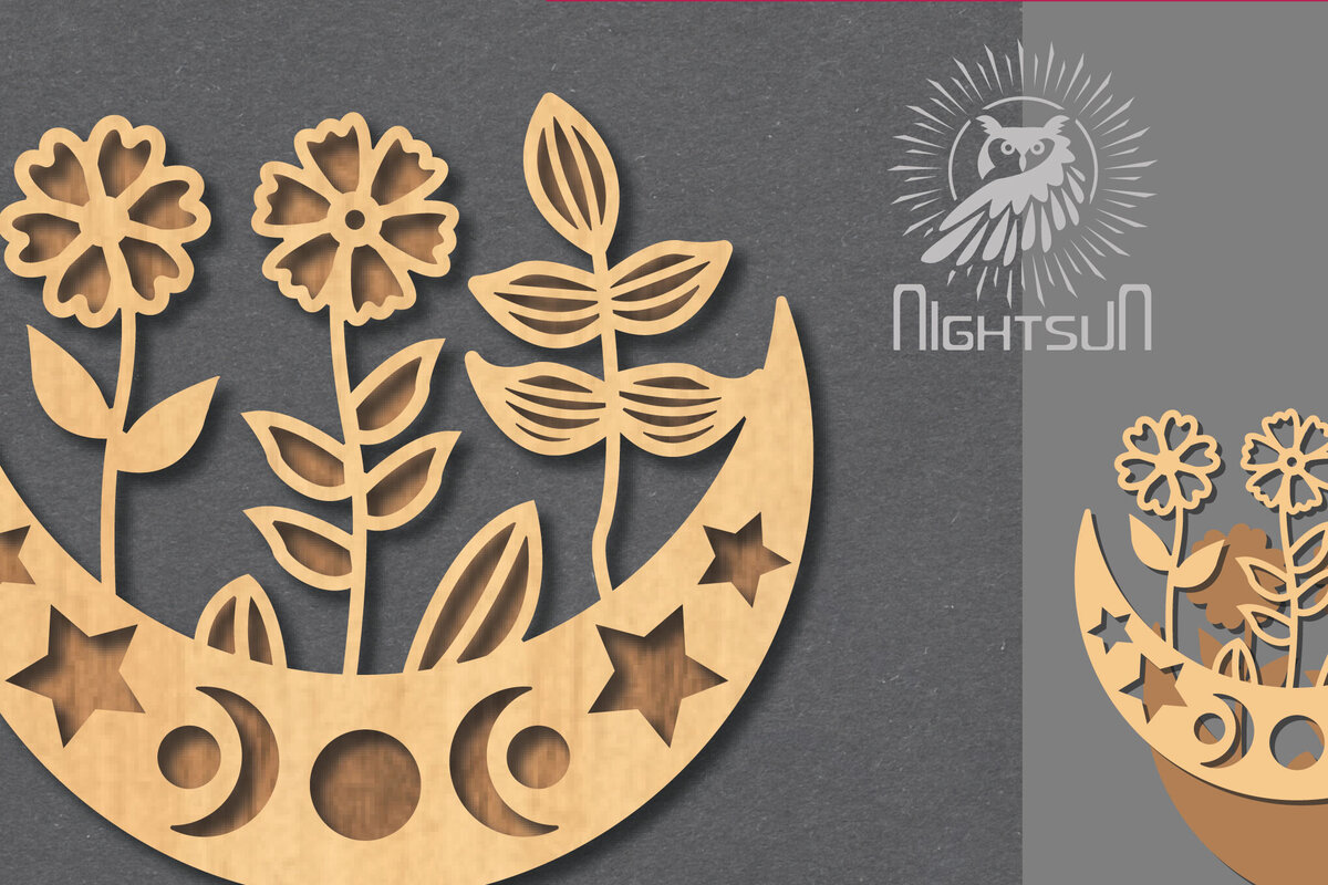 Σετ των 2 Intra απο ξύλο plywood 3mm-4mm πάχος - Floral Moon Cut Laser Decoration 6 Δίασταση 20x20 cm INTRAFABR-121964199
