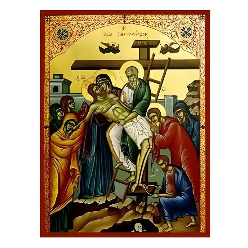 Σετ των 2 Εικόνα Ορθοδοξίας με περίγραμμα χρυσό σε ξύλο Φλαμουρίας  με  βάση Εικόνα Αποκαθήλωση του Χριστού Χειροποίητη Ελληνορθόδοξη , Κρεμαστή πλάκα βυζαντινής τέχνης, χριστιανική τέχνη Διάσταση 10x7 cm (3,9 x 2,8 ίντσες) INTRAEK-670837