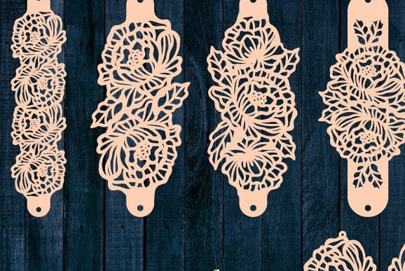 Σετ των 3 Intra απο ξύλο plywood 3mm-4mm πάχος - Δερμάτινο βραχιόλι με φλοράλ παιώνιες  Cut Δίασταση 3x3 cm INTRAFABR-36900521