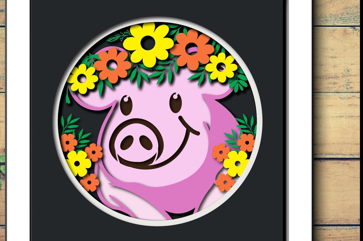 Σετ των 2 Intra απο ξύλο plywood 3mm-4mm πάχος - Floral Pig Shadow Box Laser/Paper cut Δίασταση 25x25 cm INTRAFABR-34869805