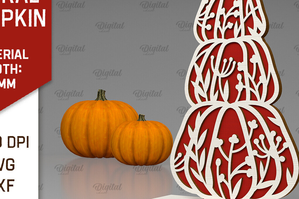 Σετ των 2 Intra απο ξύλο plywood 3mm-4mm πάχος - Κόψιμο με λέιζερ φλοράλ κολοκύθας. Φθινοπωρινή κολοκύθα Δίασταση 15x15 cm INTRAFABR-103296540