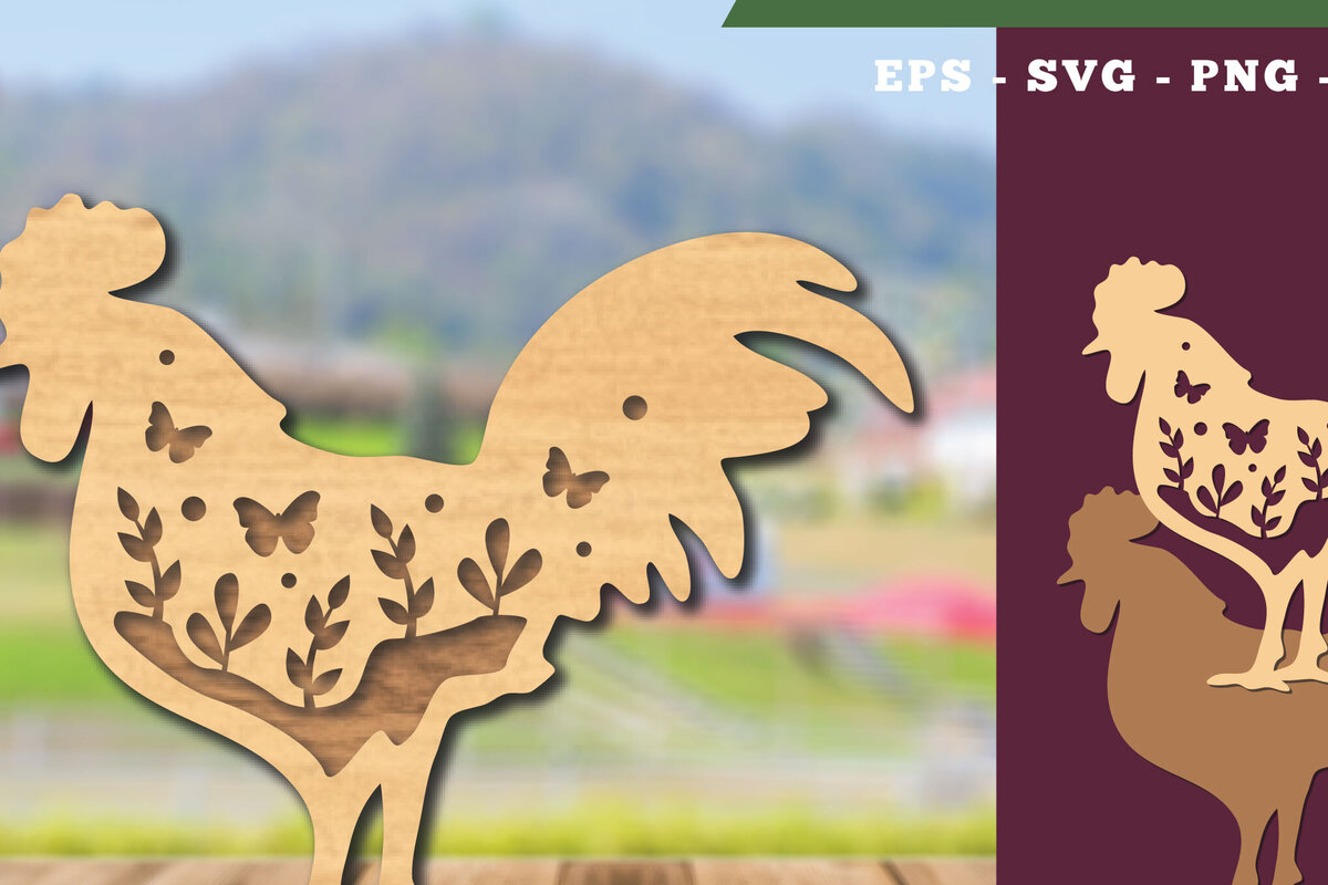 Σετ των 2 Intra απο ξύλο plywood 3mm-4mm πάχος - Floral Rooster Cut Laser Decoration  Δίασταση 20x20 cm INTRAFABR-111784150