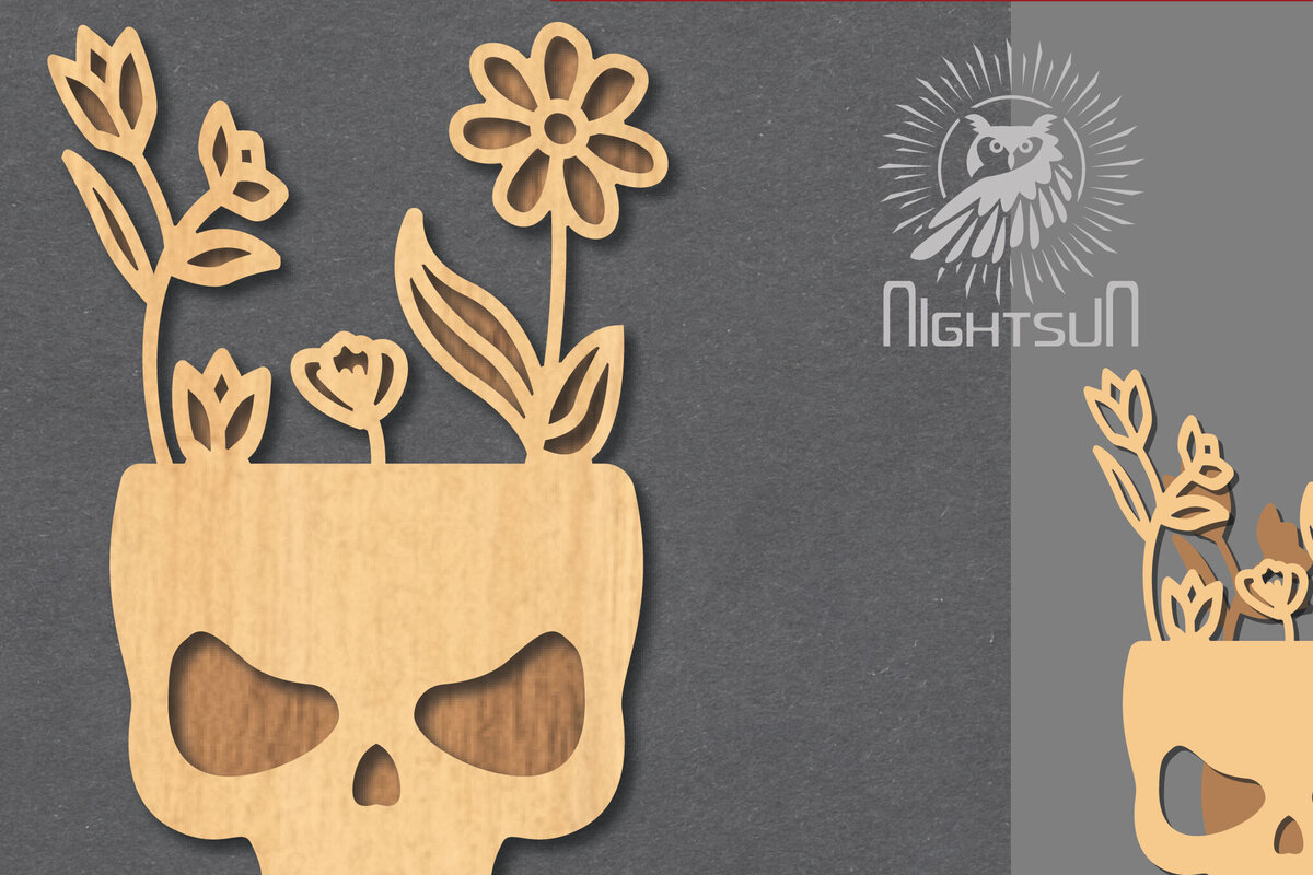 Σετ των 2 Intra απο ξύλο plywood 3mm-4mm πάχος - Floral Skull Cut Laser Decoration 1 Δίασταση 15x15 cm INTRAFABR-123187651