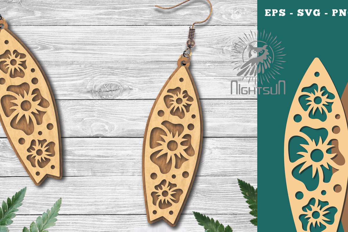 Σετ των 3 Intra απο ξύλο plywood 3mm-4mm πάχος - Σκουλαρίκια με φλοράλ λέιζερ σανίδα του σερφ 5 Δίασταση 3x3 cm INTRAFABR-114527988