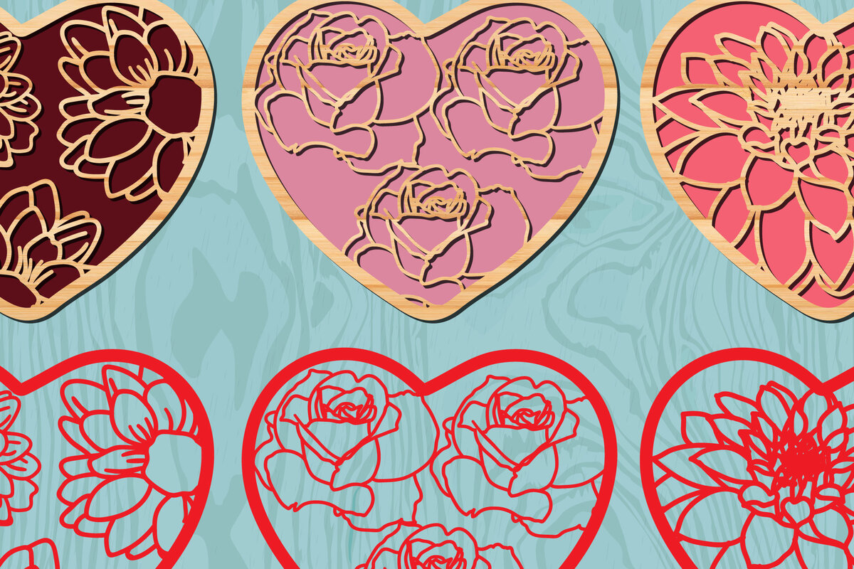 Σετ των 2 Intra απο ξύλο plywood 3mm-4mm πάχος - Floral Valentine Hearts for Mantle Δίασταση 20x20 cm INTRAFABR-21893636