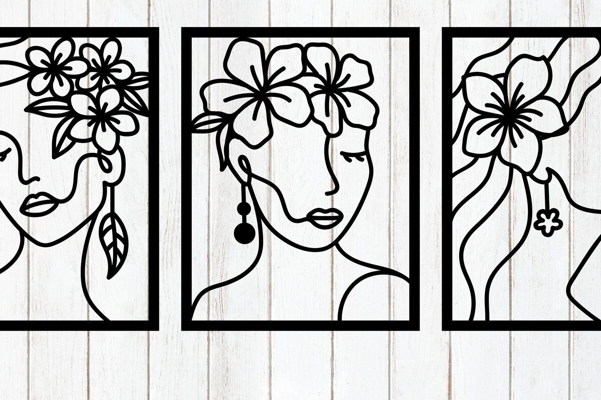 Σετ των 3 Intra απο ξύλο plywood 3mm-4mm πάχος - Floral Woman Line Art διακόσμηση τοίχου Δίασταση 6x6 cm INTRAFABR-117771273