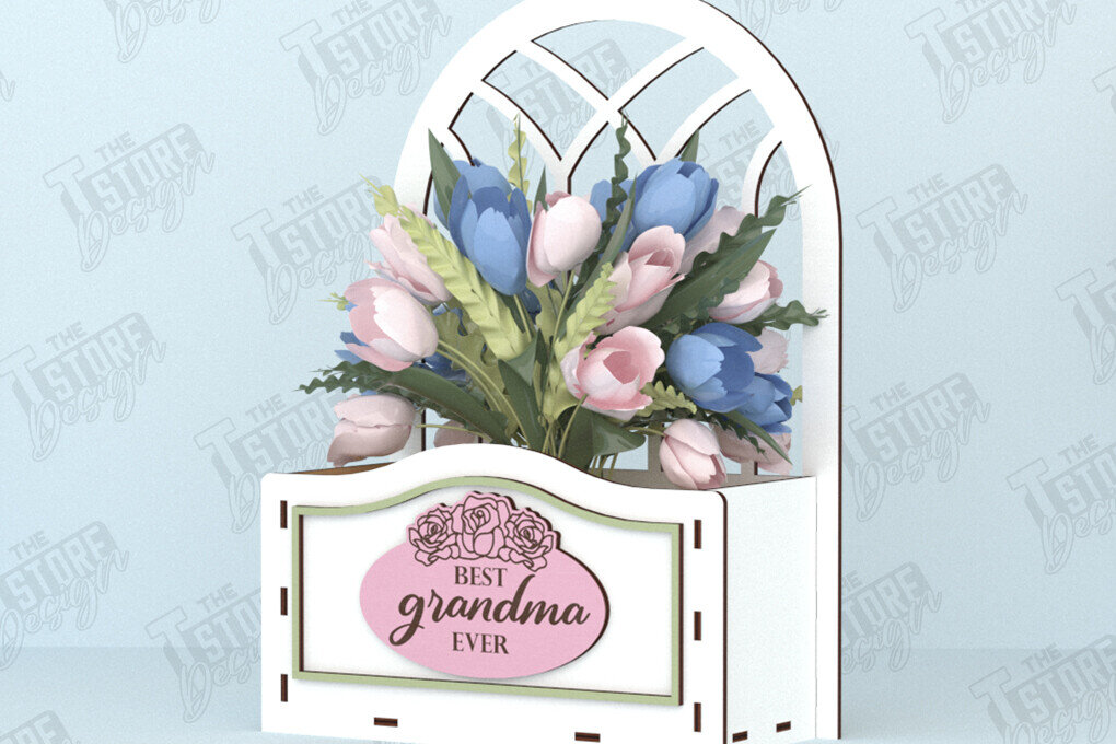 Σετ των 2 Intra απο ξύλο plywood 3mm-4mm πάχος - Flower Box | Ιδέα δώρου για τη γιορτή της μητέρας |CNC Δίασταση 20x20 cm INTRAFABR-119538827