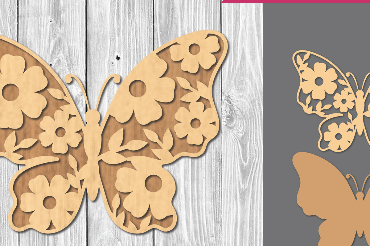 Σετ των 2 Intra απο ξύλο plywood 3mm-4mm πάχος - Διακόσμηση με  πεταλούδα λουλουδιών Δίασταση 20x20 cm INTRAFABR-107209336