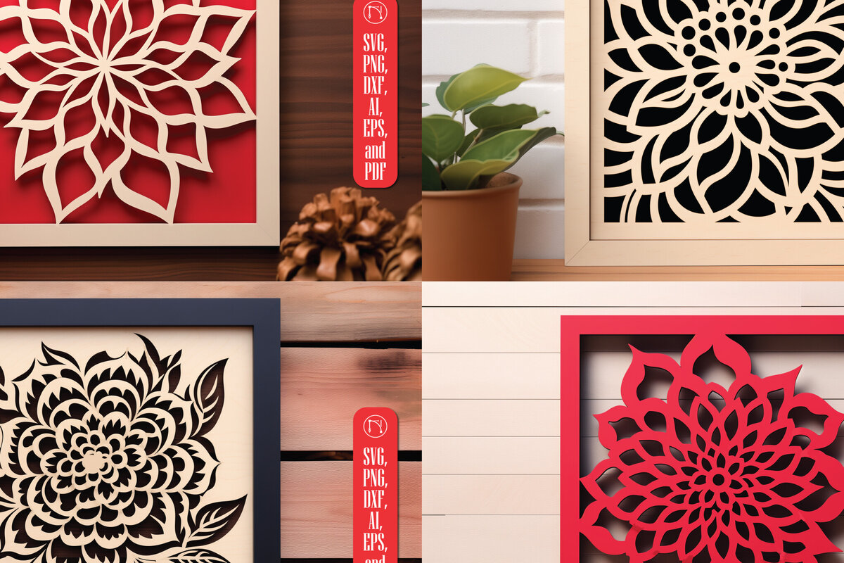 Σετ των 3 Intra απο ξύλο plywood 3mm-4mm πάχος - Λουλούδι σε πλαίσιο Διακόσμηση τοίχου  Πακέτο Δίασταση 4x4 cm INTRAFABR-91817502