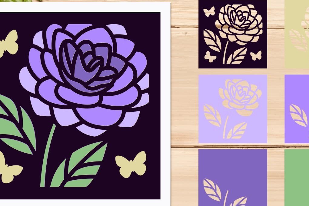 Σετ των 3 Intra απο ξύλο plywood 3mm-4mm πάχος - Χαρτί κοπής με στρώσεις λουλουδιών, κουτί σκιάς 3d Δίασταση 8x8 cm INTRAFABR-65913756