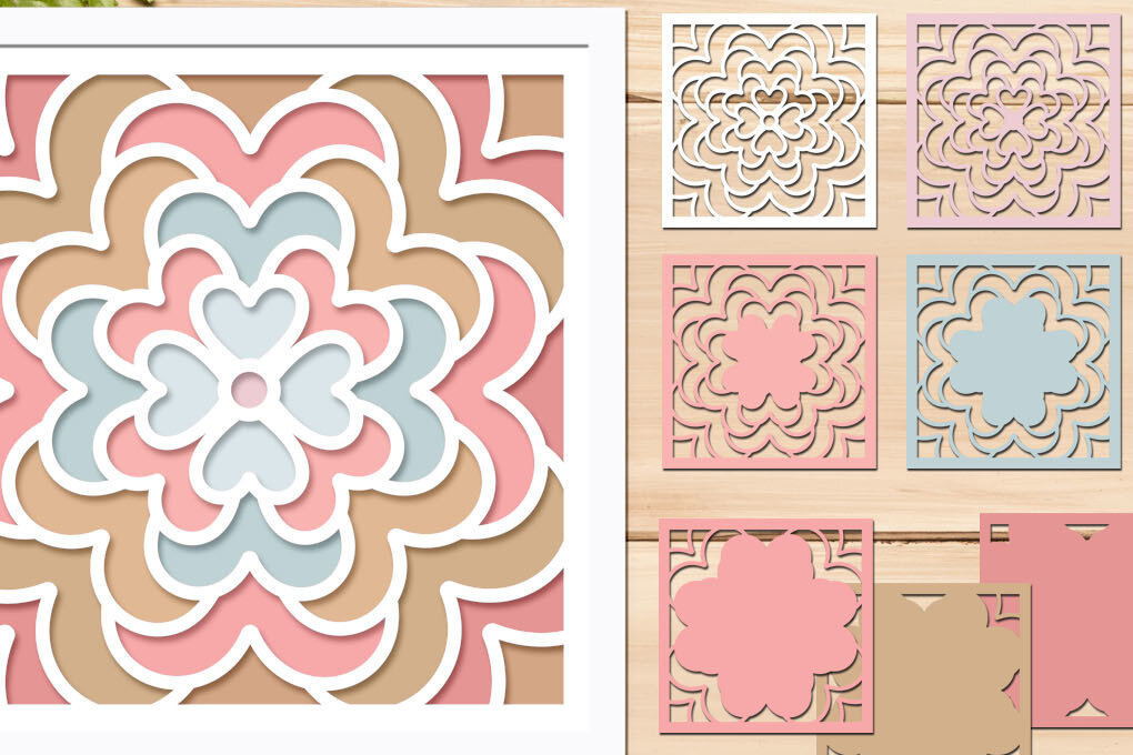 Σετ των 3 Intra απο ξύλο plywood 3mm-4mm πάχος - Flower Mandala 3d Shadow Box  Δίασταση 8x8 cm INTRAFABR-69484110