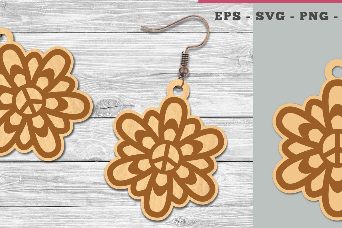 Σετ των 3 Intra απο ξύλο plywood 3mm-4mm πάχος - Σκουλαρίκια με λέιζερ Flower Peace  1 Δίασταση 3x3 cm INTRAFABR-106400955