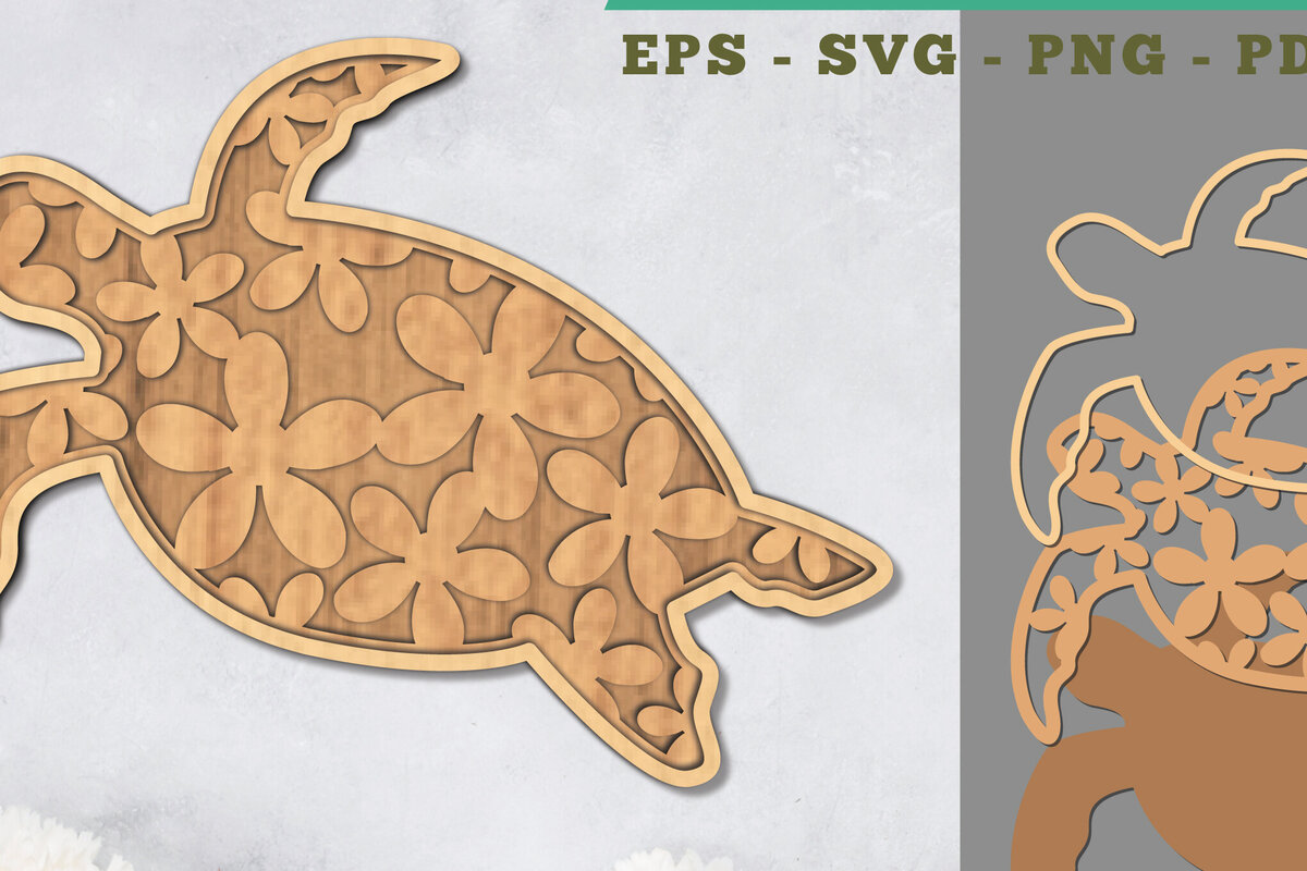 Σετ των 2 Intra απο ξύλο plywood 3mm-4mm πάχος - Λουλούδι θαλάσσια χελώνα τρισδιάστατη διακόσμηση με λέιζερ Δίασταση 20x20 cm INTRAFABR-111486447