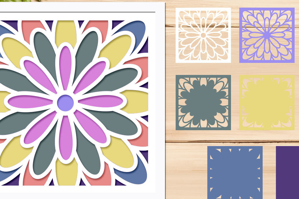 Σετ των 3 Intra απο ξύλο plywood 3mm-4mm πάχος - Flower Shadow Box , 3d Layered  Δίασταση 8x8 cm INTRAFABR-69417106