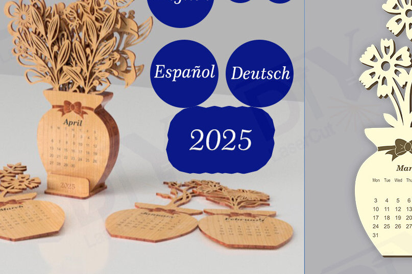 Σετ των 3 Intra απο ξύλο plywood 3mm-4mm πάχος - Βάζο λουλουδιών Ημερολόγιο Eng Esp Deu Δίασταση 4x4 cm INTRAFABR-110015220