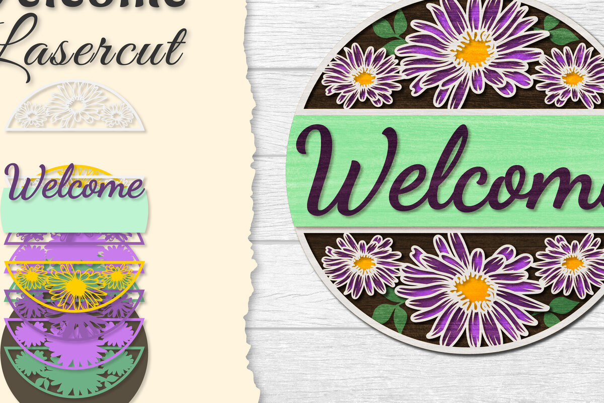 Σετ των 2 Intra απο ξύλο plywood 3mm-4mm πάχος - Flower Welcome Lasercut Δίασταση 20x20 cm INTRAFABR-122044395