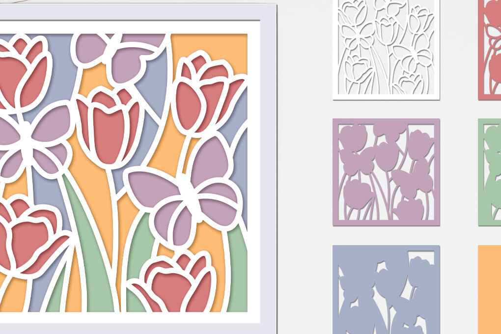 Σετ των 3 Intra απο ξύλο plywood 3mm-4mm πάχος - Λουλούδια πεταλούδα σκιά κουτί με στρώσεις Δίασταση 8x8 cm INTRAFABR-73290004