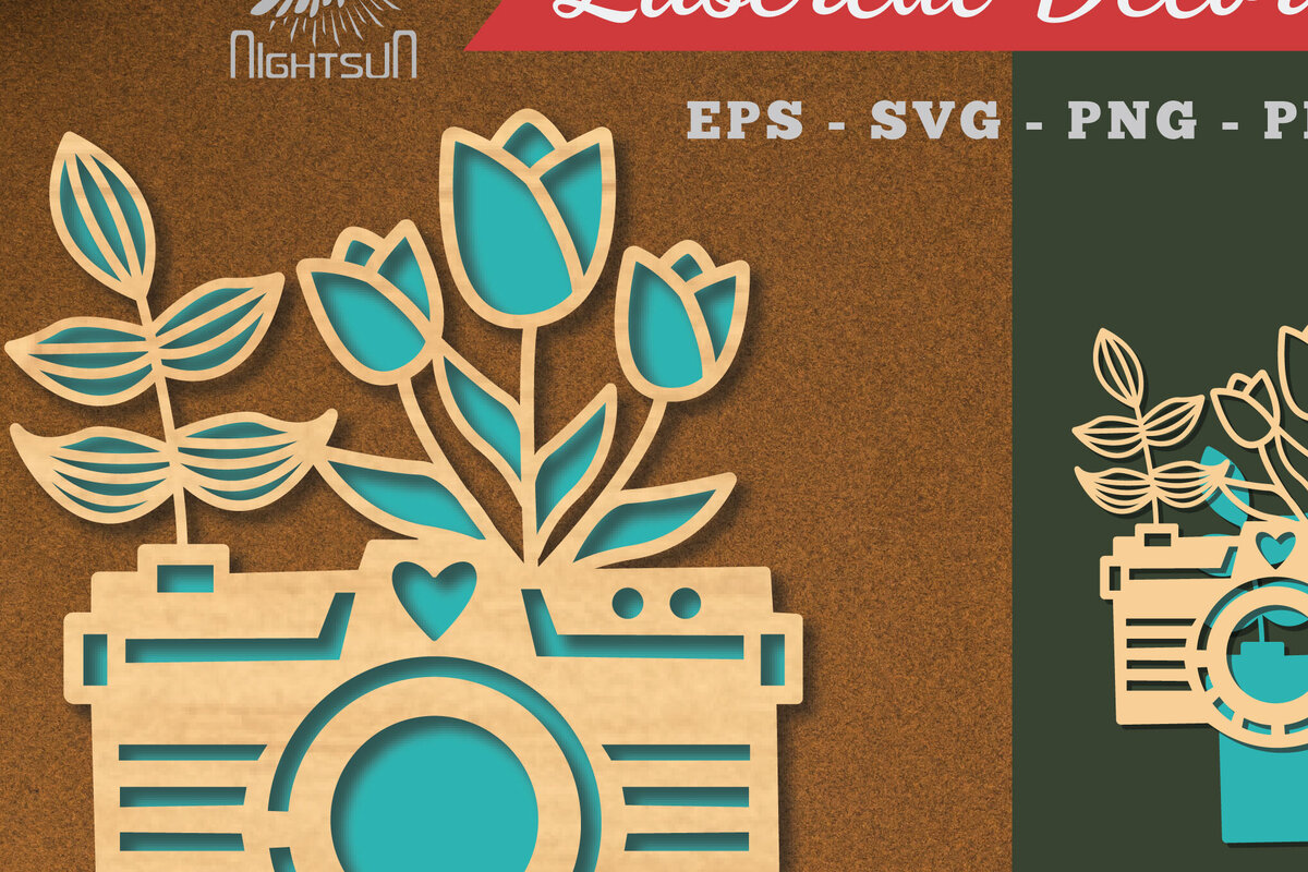 Σετ των 2 Intra απο ξύλο plywood 3mm-4mm πάχος - Διακόσμηση με κομμένα λέιζερ κάμερας λουλουδιών 3 Δίασταση 20x20 cm INTRAFABR-113275369