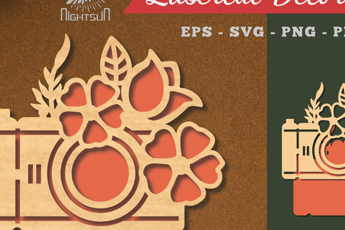 Σετ των 2 Intra απο ξύλο plywood 3mm-4mm πάχος - Διακόσμηση φωτογραφικής μηχανής με λουλούδια κοπής με λέιζερ 6 Δίασταση 20x20 cm INTRAFABR-113275550