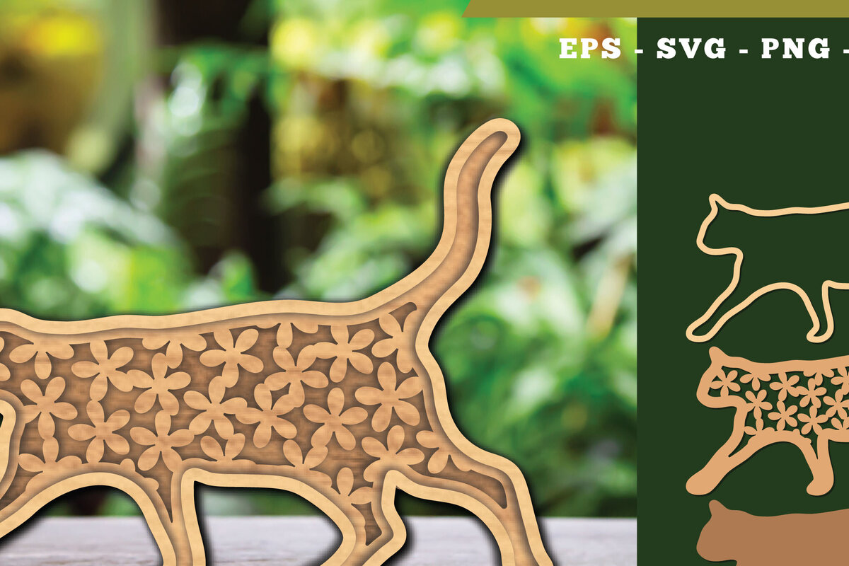 Σετ των 2 Intra απο ξύλο plywood 3mm-4mm πάχος - Flowers Cat Laser Cut Decoration  1 Δίασταση 20x20 cm INTRAFABR-111784040