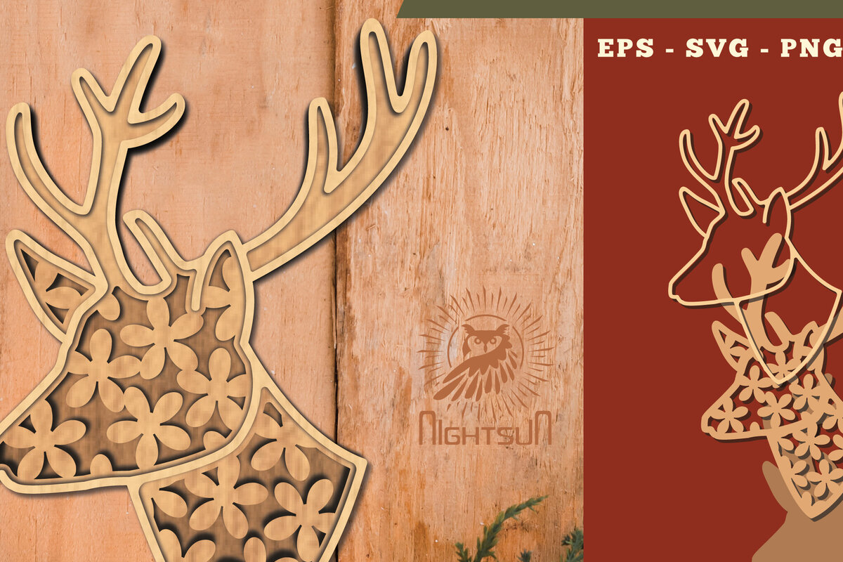 Σετ των 2 Intra απο ξύλο plywood 3mm-4mm πάχος - Flowers Deer 3D Lasercut Decoration  Δίασταση 20x20 cm INTRAFABR-111526915