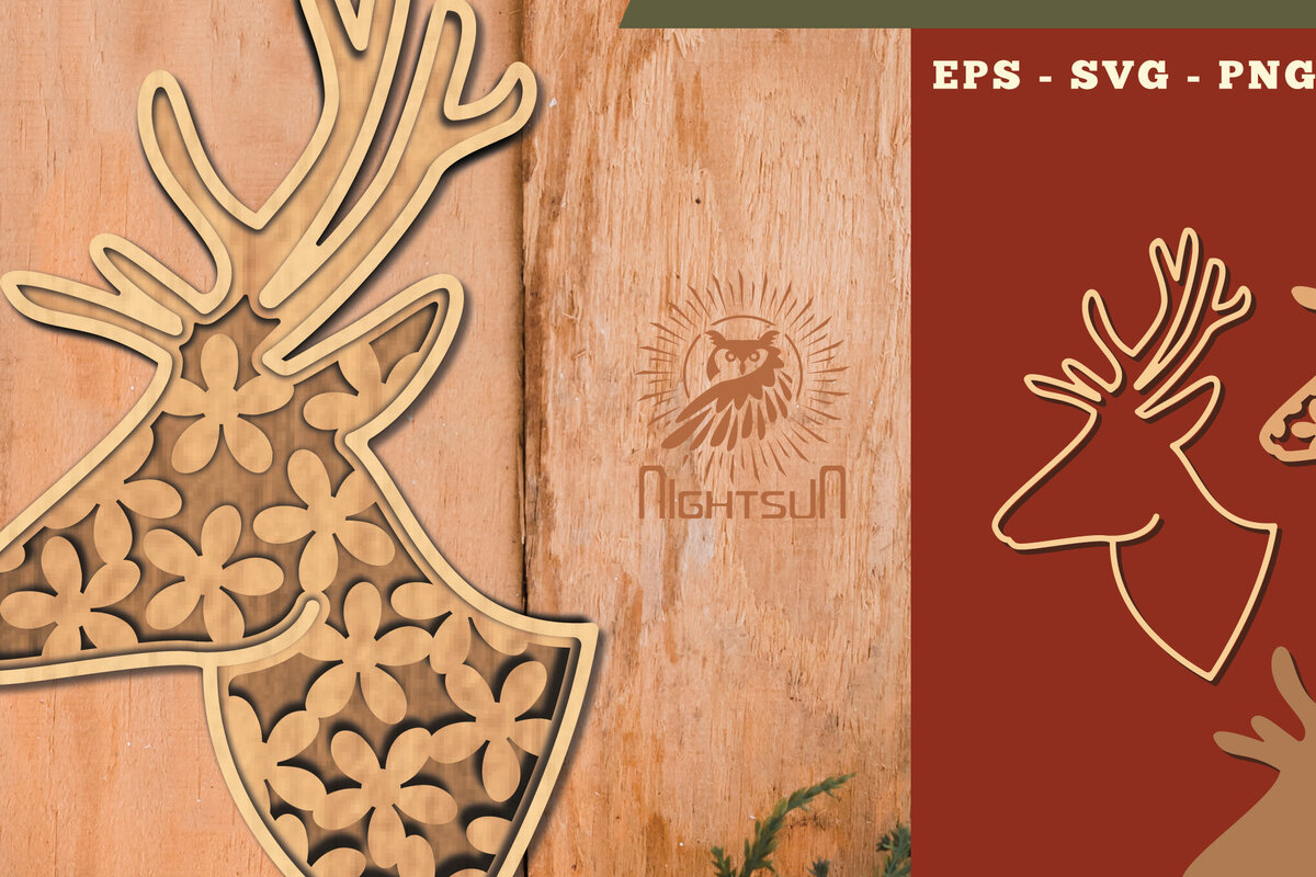 Σετ των 2 Intra απο ξύλο plywood 3mm-4mm πάχος - Flowers Deer 3D Lasercut Decoration  Δίασταση 20x20 cm INTRAFABR-111526922