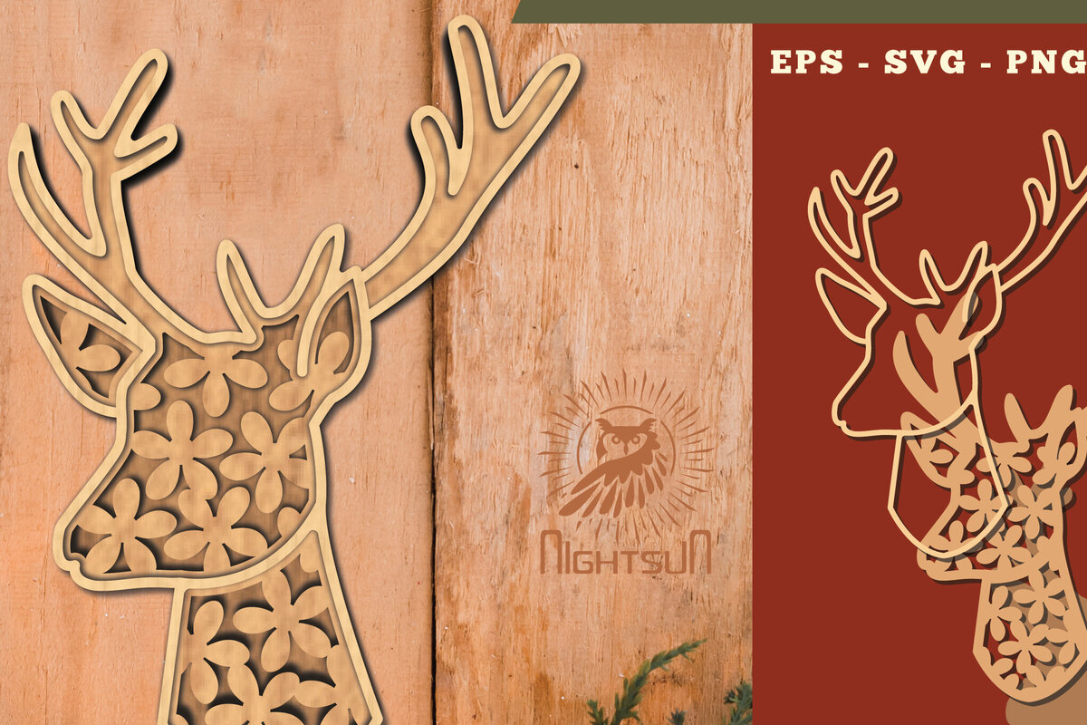 Σετ των 3 Intra απο ξύλο plywood 3mm-4mm πάχος - Flowers Deer 3D Lasercut Decoration  Δίασταση 20x20 cm INTRAFABR-111526863