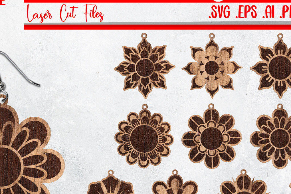 Σετ των 3 Intra απο ξύλο plywood 3mm-4mm πάχος - Πακέτο Σκουλαρίκια Λουλούδια -  Eps Ai Png Δίασταση 3x3 cm INTRAFABR-29300783