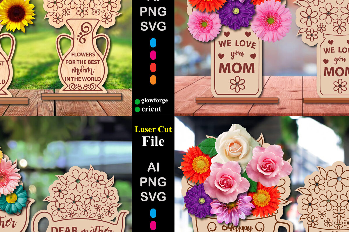 Σετ των 2 Intra απο ξύλο plywood 3mm-4mm πάχος - Πακέτο λουλουδιών για τη γιορτή της μητέρας Δίασταση 20x20 cm INTRAFABR-69219959