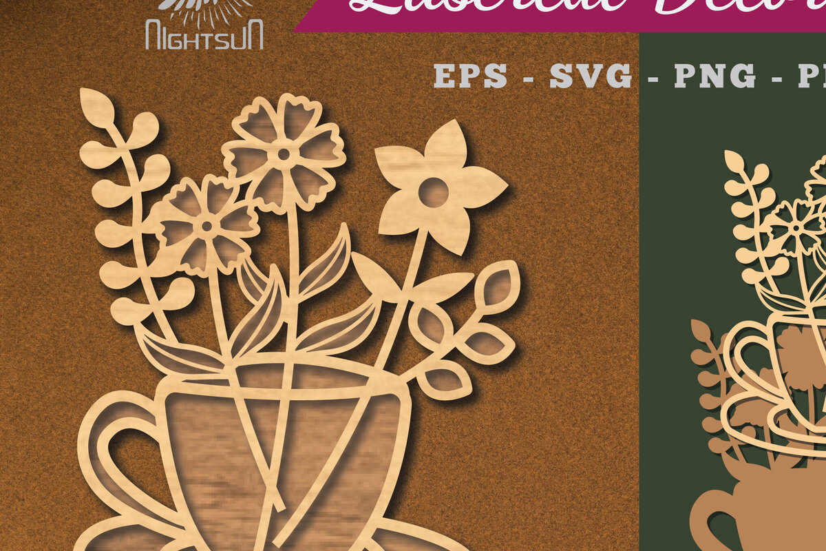 Intra απο ξύλο plywood 3mm-4mm πάχος - Λουλούδια σε Κύπελλο Διακόσμηση κομμένη με λέιζερ 1 Δίασταση 20x20 cm INTRAFABR-112909929