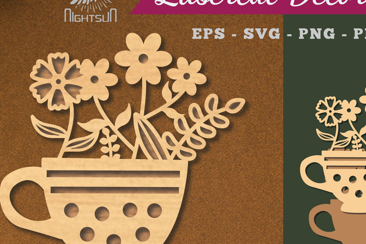 Σετ των 3 Intra απο ξύλο plywood 3mm-4mm πάχος - Λουλούδια σε Κύπελλο Διακόσμηση με  2 Δίασταση 20x20 cm INTRAFABR-112909963