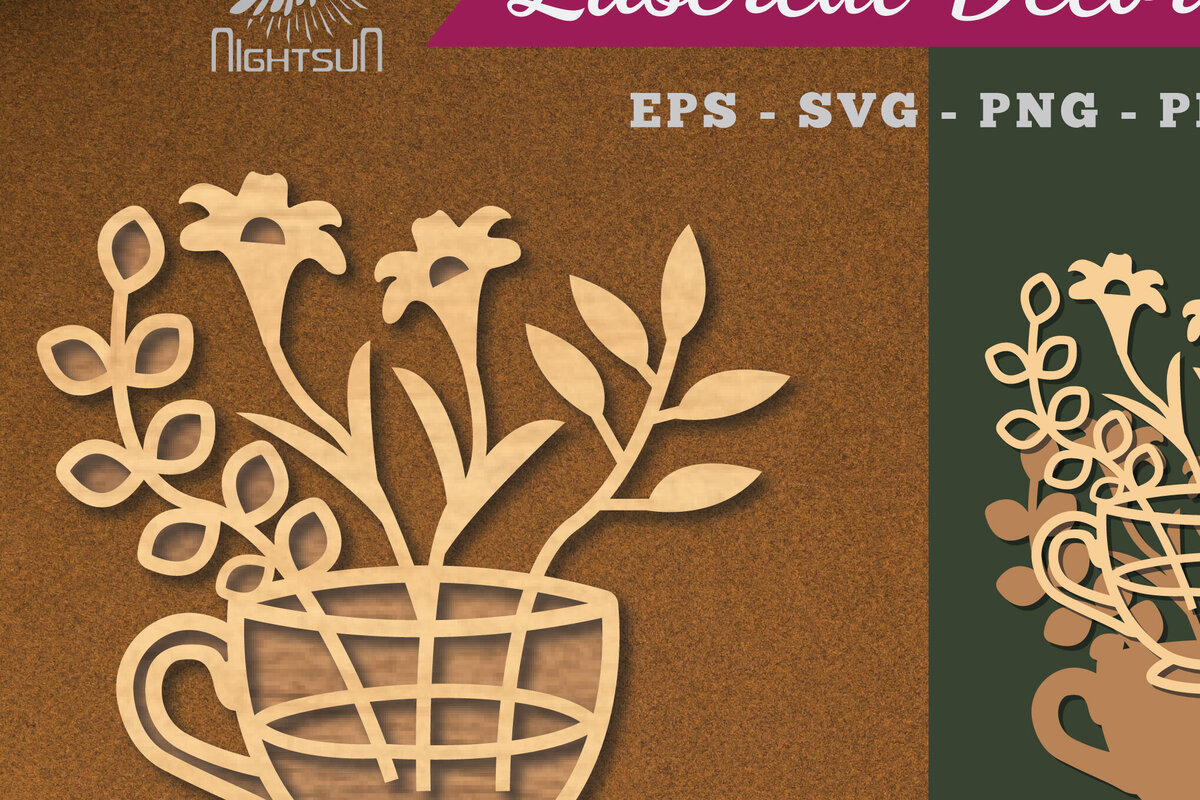 Σετ των 2 Intra απο ξύλο plywood 3mm-4mm πάχος - Λουλούδια σε Κύπελλο Διακόσμηση με  3 Δίασταση 20x20 cm INTRAFABR-112909989