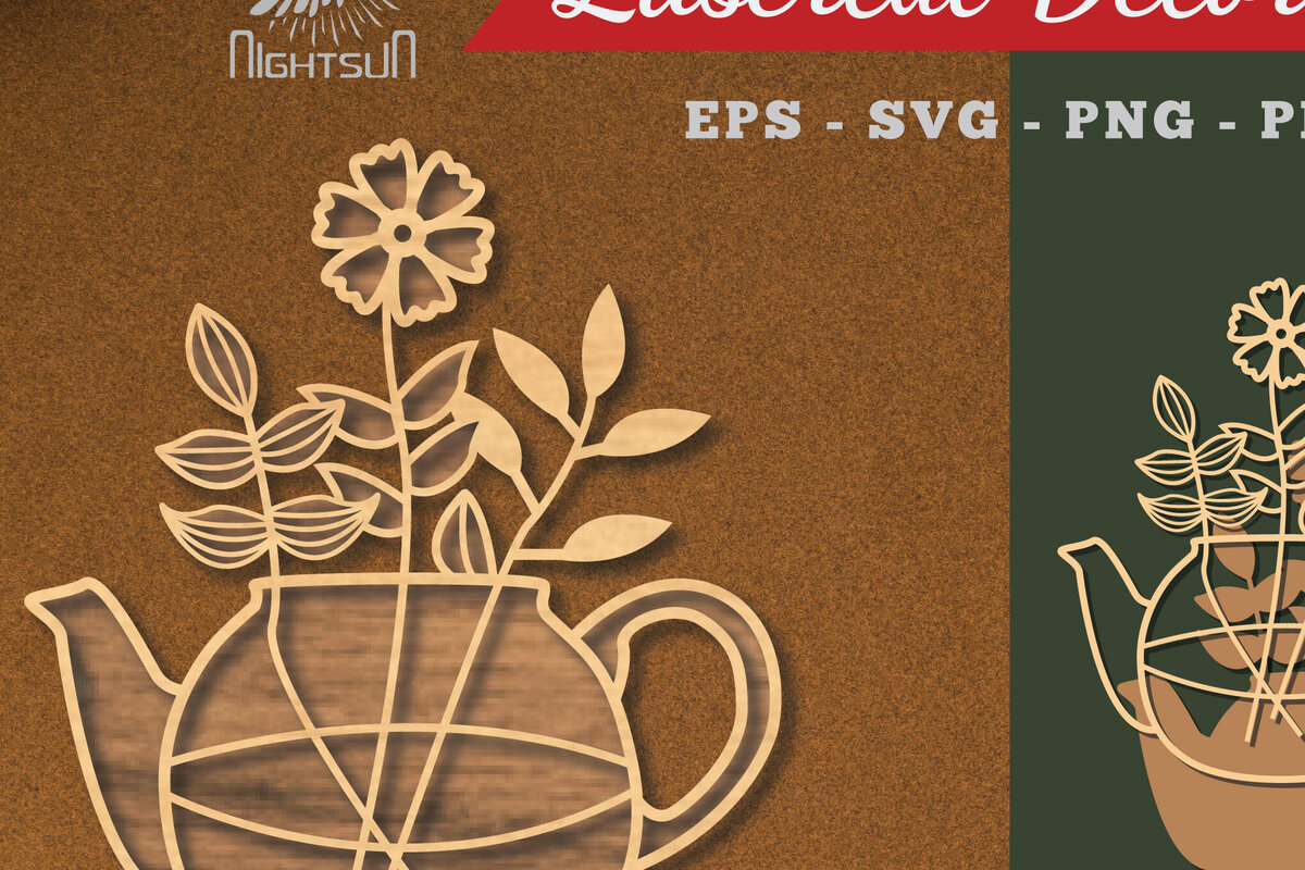 Σετ των 2 Intra απο ξύλο plywood 3mm-4mm πάχος - Λουλούδια σε διακόσμηση τσαγιέρας κομμένη με λέιζερ 4 Δίασταση 20x20 cm INTRAFABR-113203739