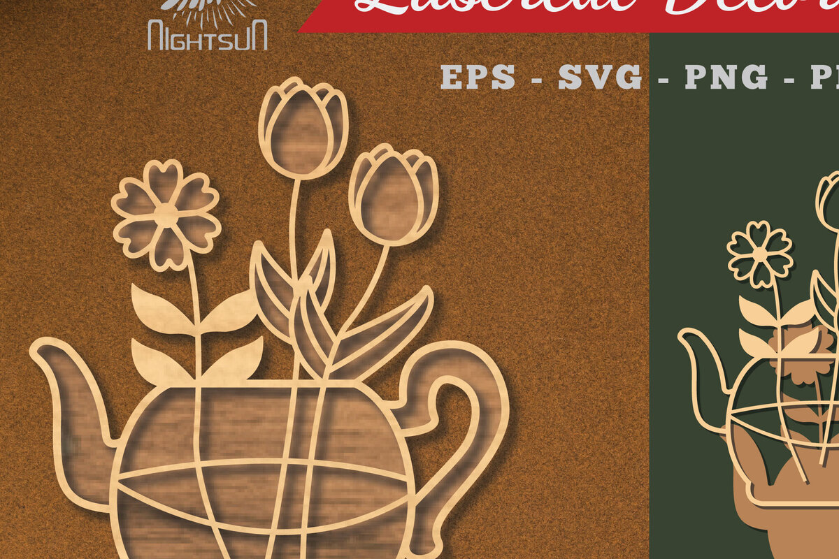 Σετ των 2 Intra απο ξύλο plywood 3mm-4mm πάχος - Λουλούδια σε διακόσμηση τσαγιέρας κομμένη με λέιζερ 5 Δίασταση 20x20 cm INTRAFABR-113203785