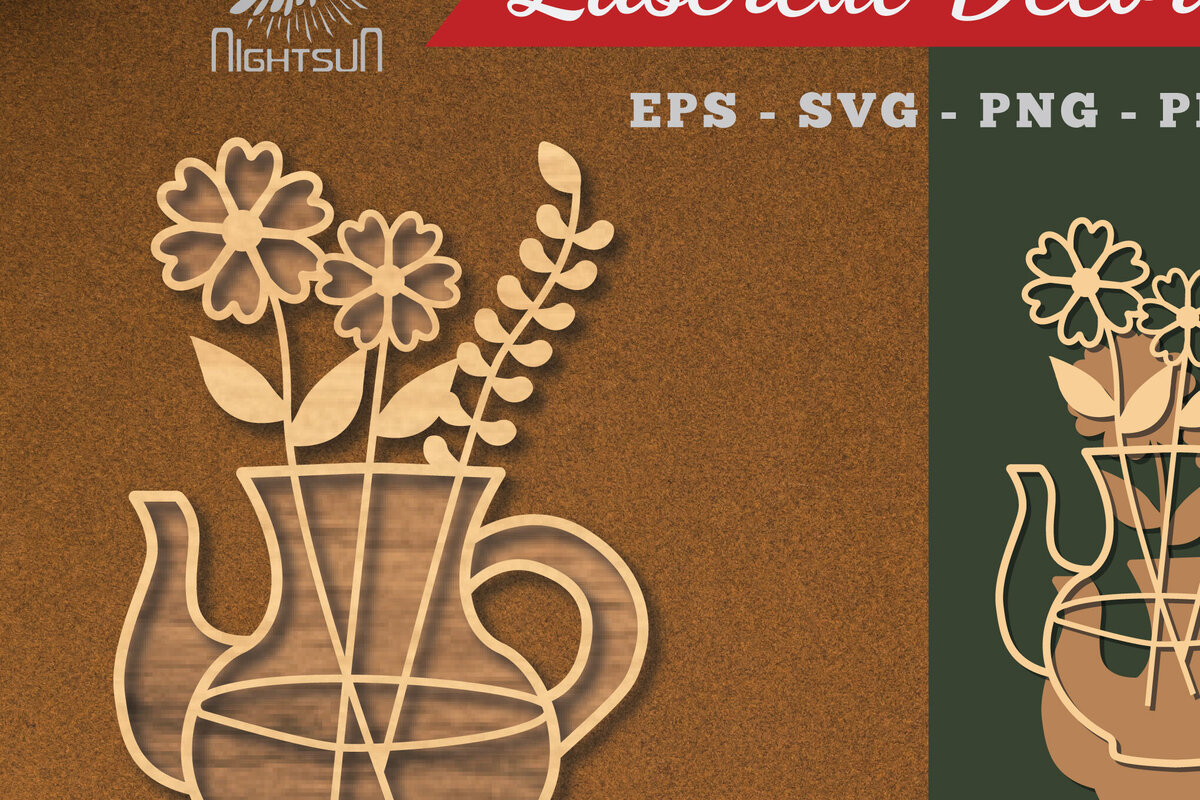 Σετ των 2 Intra απο ξύλο plywood 3mm-4mm πάχος - Λουλούδια σε διακόσμηση τσαγιέρας κομμένη με λέιζερ 6 Δίασταση 20x20 cm INTRAFABR-113203877