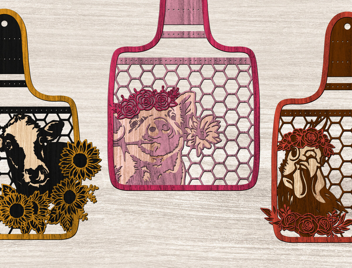 Σετ των 3 Intra απο ξύλο plywood 3mm-4mm πάχος - Στάση σκουλαρικιών πουλερικών με λουλούδια Δίασταση 20x20 cm INTRAFABR-26140961