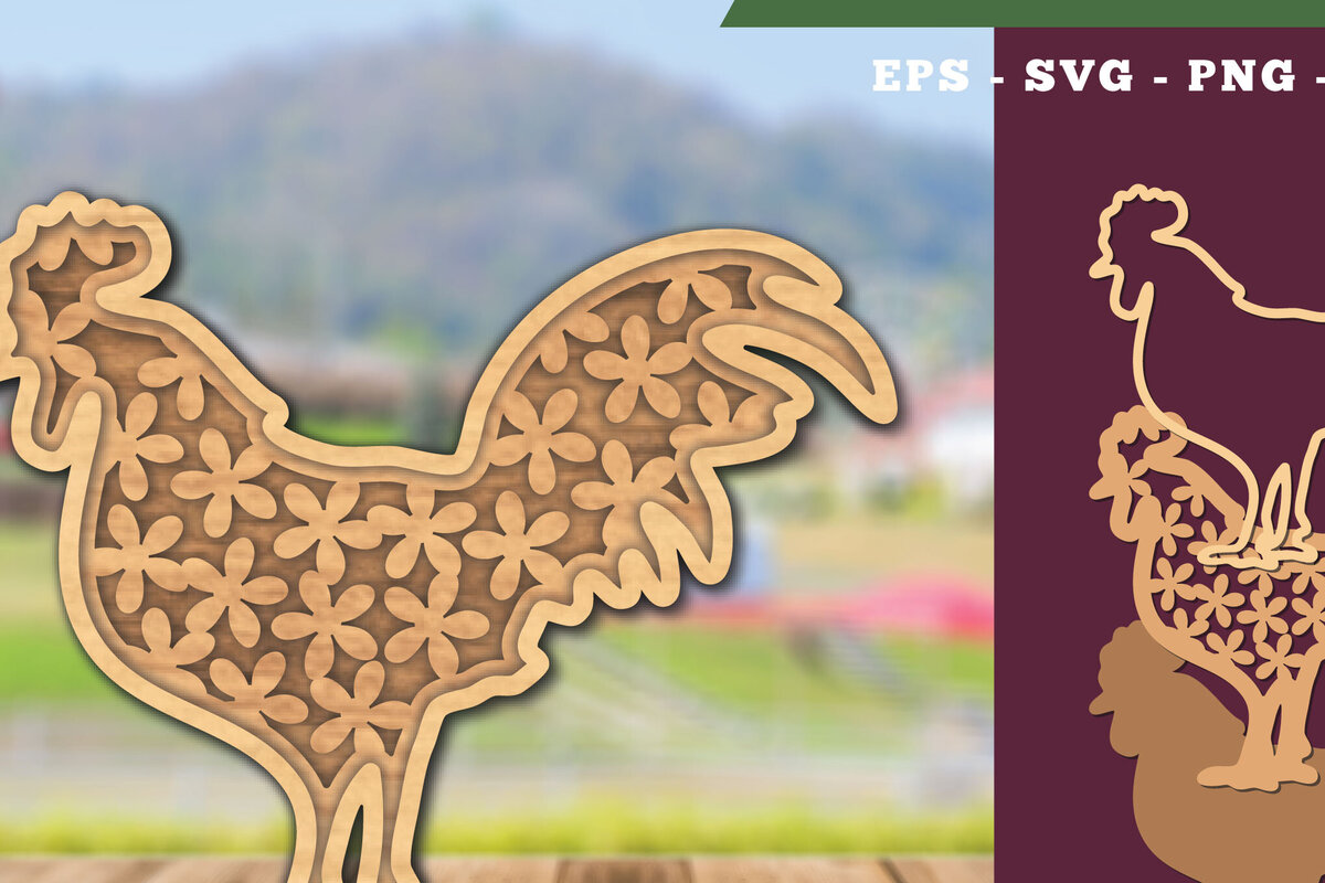 Σετ των 2 Intra απο ξύλο plywood 3mm-4mm πάχος - Flowers Rooster Cut Laser Decoration  Δίασταση 20x20 cm INTRAFABR-111784258