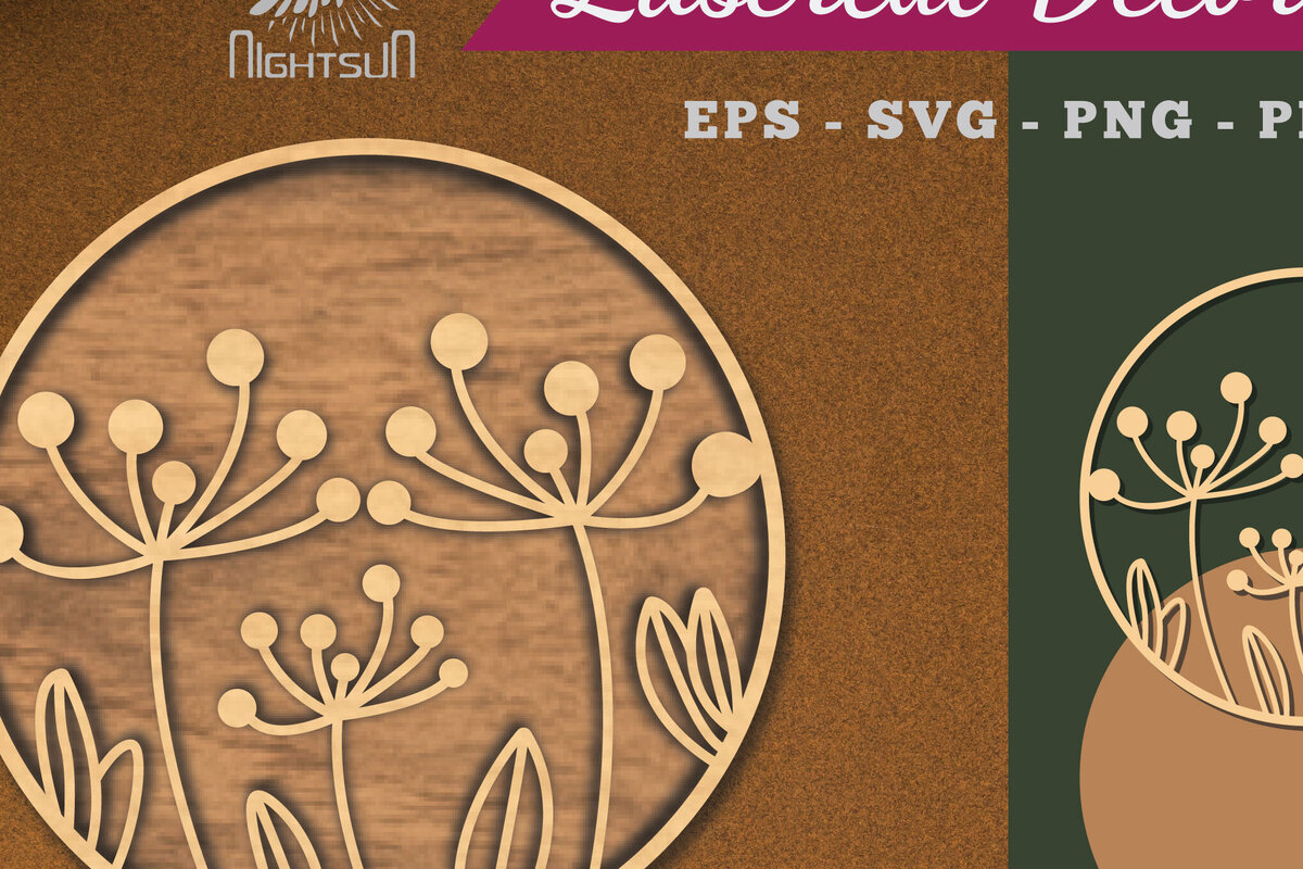 Σετ των 2 Intra απο ξύλο plywood 3mm-4mm πάχος - Λουλούδια Στρογγυλή διακόσμηση κομμένη με λέιζερ 3 Δίασταση 20x20 cm INTRAFABR-112909795