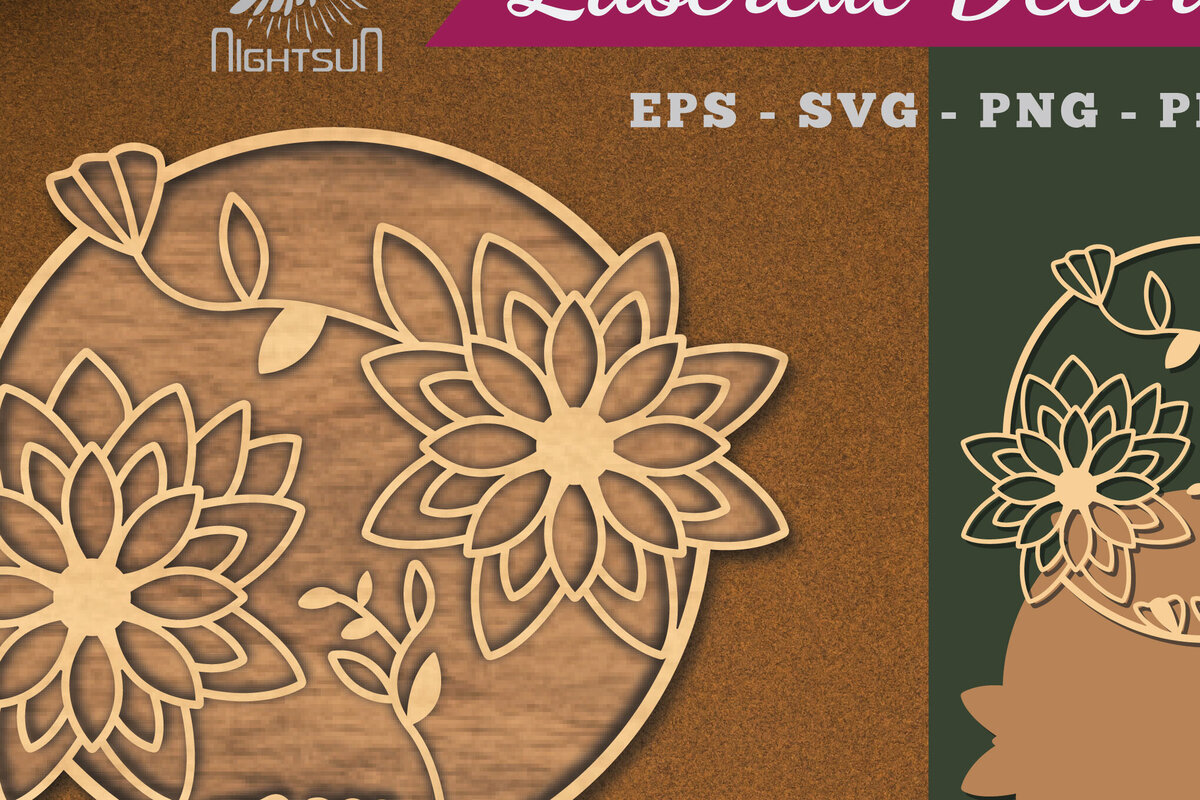 Σετ των 2 Intra απο ξύλο plywood 3mm-4mm πάχος - Λουλούδια Στρογγυλή διακόσμηση κομμένη με λέιζερ 5 Δίασταση 20x20 cm INTRAFABR-112909852