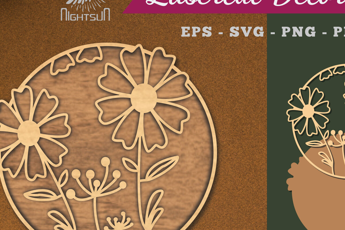 Σετ των 2 Intra απο ξύλο plywood 3mm-4mm πάχος - Λουλούδια Στρογγυλή διακόσμηση κομμένη με λέιζερ 6 Δίασταση 20x20 cm INTRAFABR-112909880